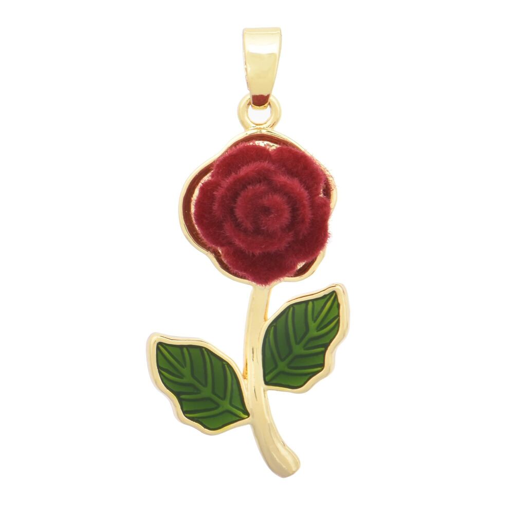 8516 Pack of 10 PCS Flocked Velvet Red Rose Charms Crystal Enamel Green